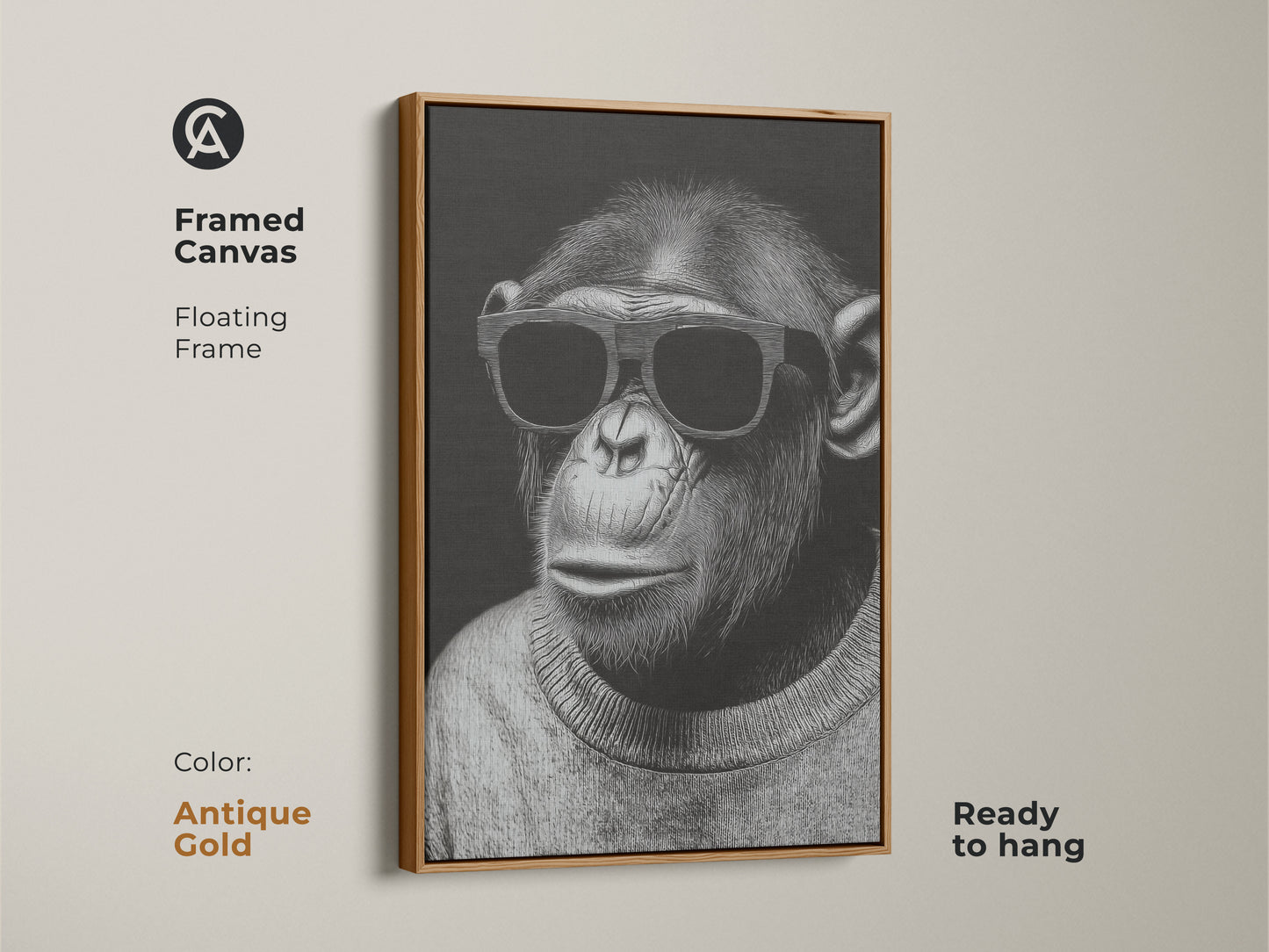 Framed canvas showcasing a chimpanzee wearing sunglasses. The floating frame is antique gold and ready to hang. This contemporary animal art is a monochrome animal portrait. It is a stylish chimpanzee art print for a modern living room. The minimalist bedroom art adds sophistication.