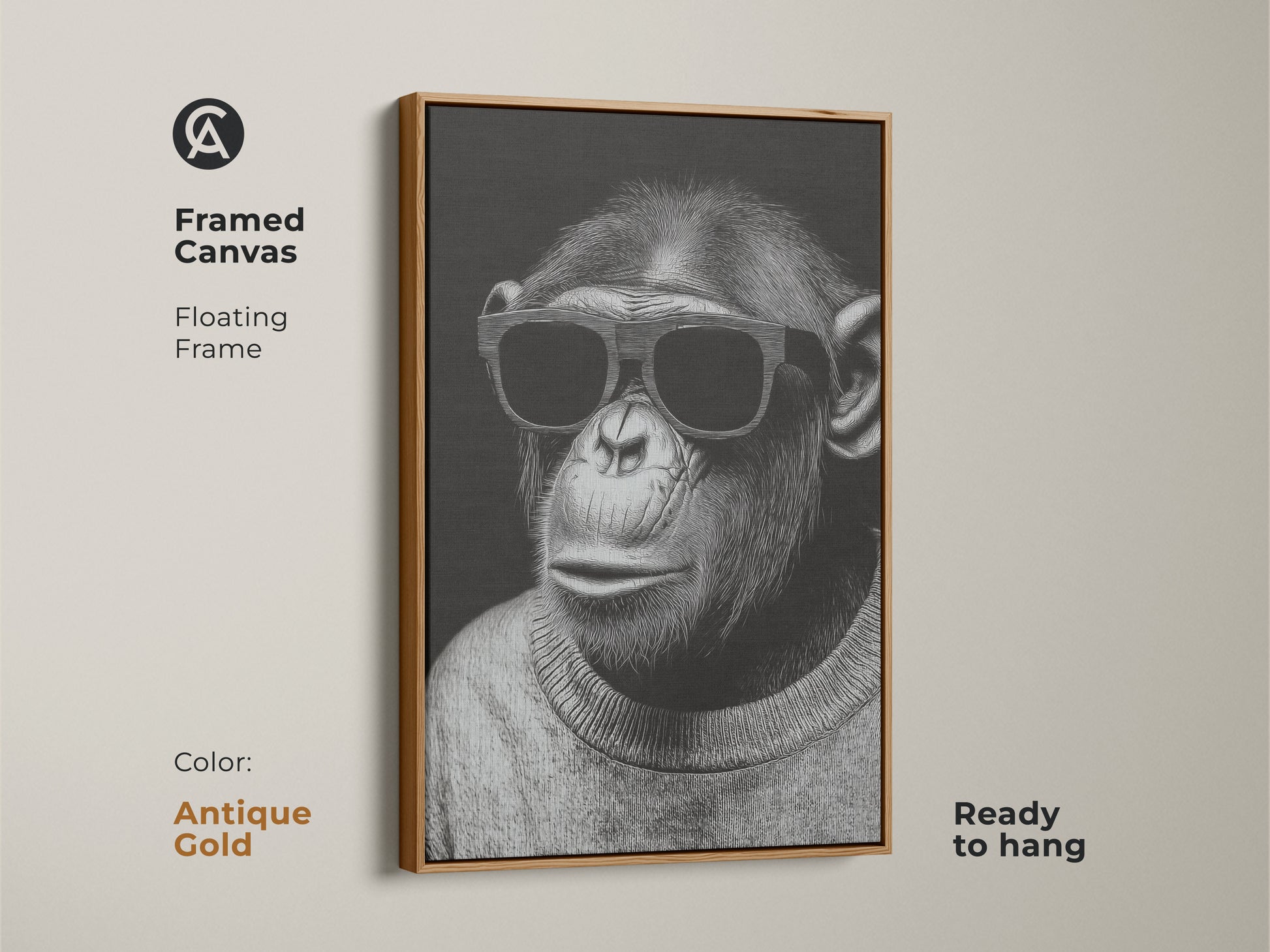 Framed canvas showcasing a chimpanzee wearing sunglasses. The floating frame is antique gold and ready to hang. This contemporary animal art is a monochrome animal portrait. It is a stylish chimpanzee art print for a modern living room. The minimalist bedroom art adds sophistication.