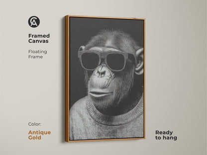 Framed canvas showcasing a chimpanzee wearing sunglasses. The floating frame is antique gold and ready to hang. This contemporary animal art is a monochrome animal portrait. It is a stylish chimpanzee art print for a modern living room. The minimalist bedroom art adds sophistication.