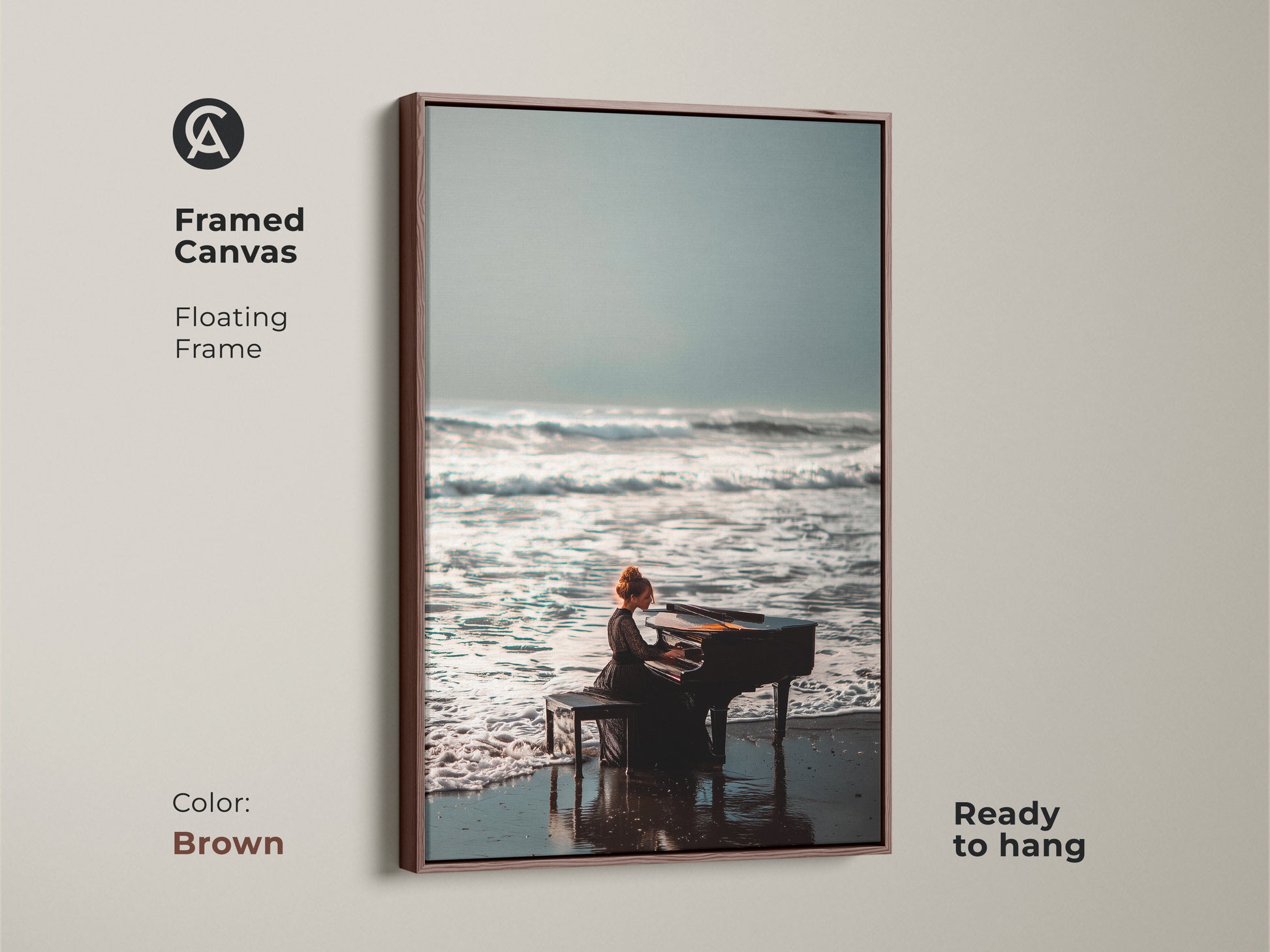 Framed canvas art with a brown floating frame. The artwork depicts a woman playing a piano on a serene beach. This piece is ready to hang. Its warm tones complement any room. Bring the calm of the ocean into your decor with this framed art.