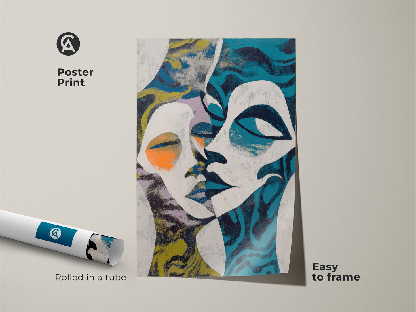 A Blue White Teal Abstract Face Canvas Print displayed in a modern living room. The eclectic decor enhances the abstract expressionism. This contemporary wall decor serves as a sophisticated housewarming gift.