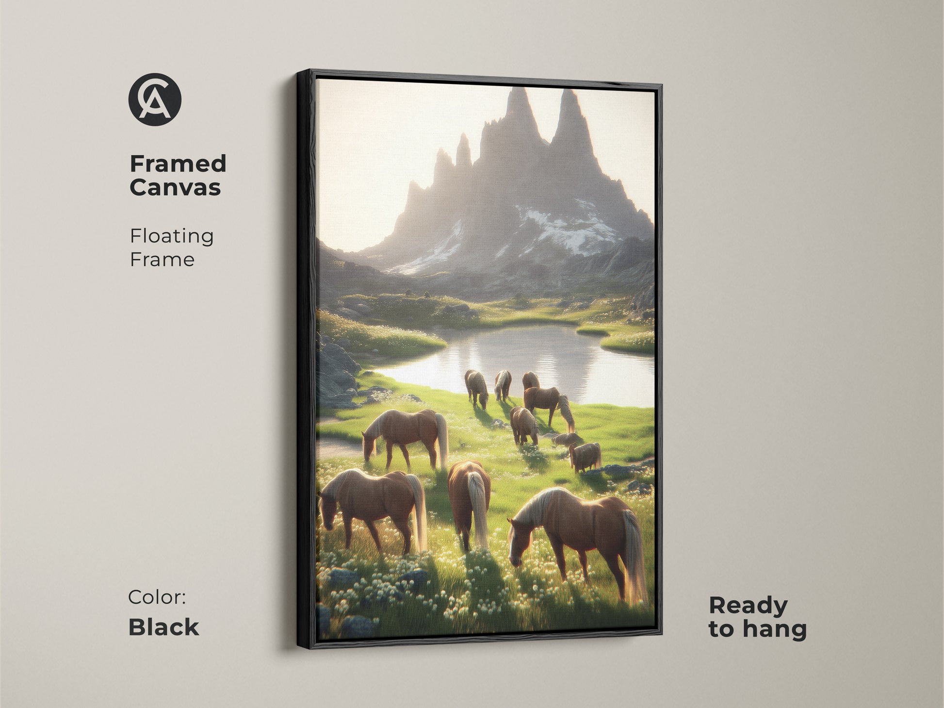 Framed canvas art featuring horses in a mountain meadow. A black floating frame complements this rustic mountain landscape wall art. Ready to hang the equestrian home decor adds elegance. It is a perfect housewarming gift for horse lovers.