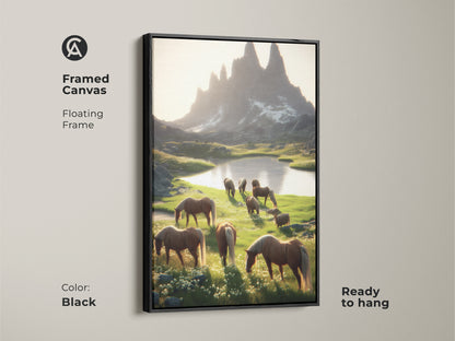 Framed canvas art featuring horses in a mountain meadow. A black floating frame complements this rustic mountain landscape wall art. Ready to hang the equestrian home decor adds elegance. It is a perfect housewarming gift for horse lovers.