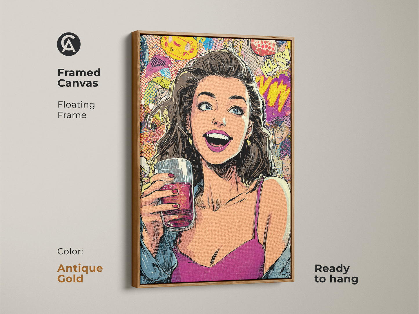 Framed canvas print of a woman in pop art style with an antique gold floating frame. Retro comic book wall art for an eclectic home. Magenta blue and yellow artwork. This vibrant canvas is ready to hang and is a unique gift for her.