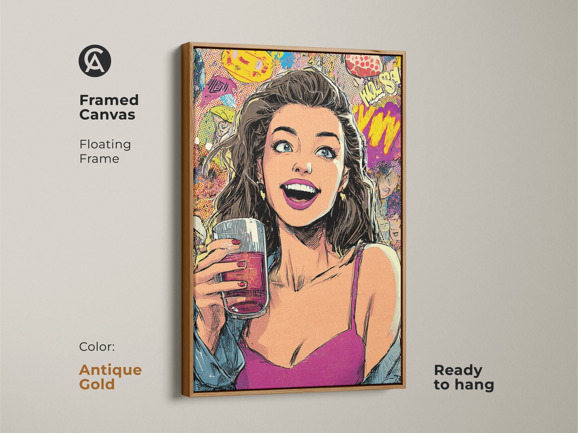 Framed canvas print of a woman in pop art style with an antique gold floating frame. Retro comic book wall art for an eclectic home. Magenta blue and yellow artwork. This vibrant canvas is ready to hang and is a unique gift for her.