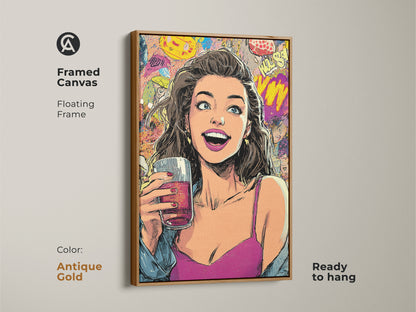 Framed canvas print of a woman in pop art style with an antique gold floating frame. Retro comic book wall art for an eclectic home. Magenta blue and yellow artwork. This vibrant canvas is ready to hang and is a unique gift for her.