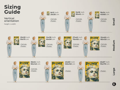 This sizing guide shows the vertical orientation. You can choose from small medium or large sizes. The artwork features a woman with a crown. The art style has a Punk aesthetic. It is available as framed art or on canvas.