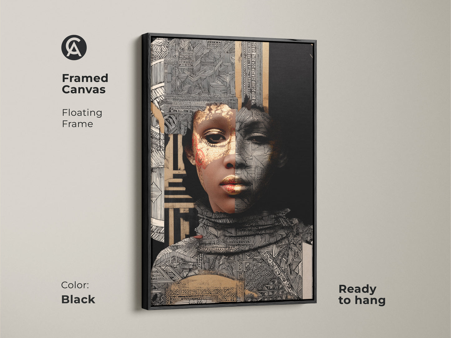Black Framed Canvas of an Abstract Gold Woman Art Print. This Afrofuturism portrait has a floating frame and is ready to hang. The eclectic mixed media artwork features black white and gold geometric patterns for a contemporary look.