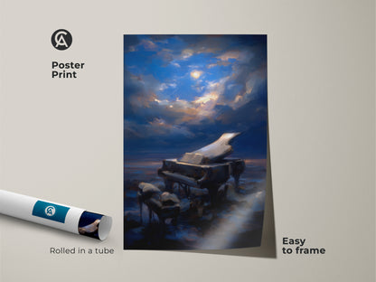 A poster print of surreal grand piano art. This moonlit sky piano print is easy to frame. Rolled in a tube for protection. The artwork features deep blue music wall art. Its gold accents bring sophistication. Ideal eclectic art for a musician's housewarming gift. The poster enhances any music lover's home.