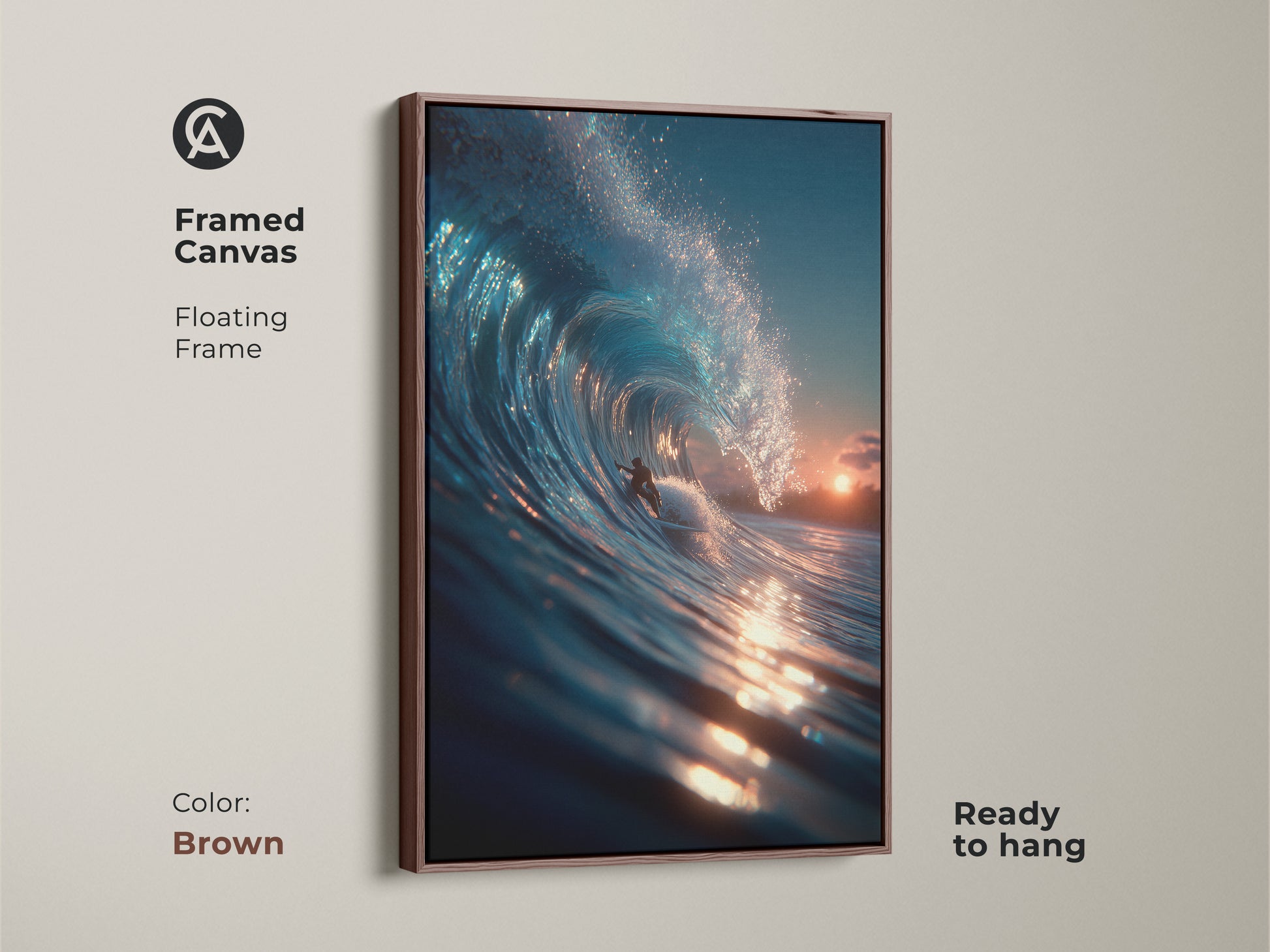 Enhance your home with framed canvas art in brown. The floating frame adds a touch of elegance to the surfer artwork. The piece is ready to hang. The artwork captures a surfer riding a pristine wave. A great piece for any room.