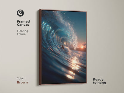 Enhance your home with framed canvas art in brown. The floating frame adds a touch of elegance to the surfer artwork. The piece is ready to hang. The artwork captures a surfer riding a pristine wave. A great piece for any room.