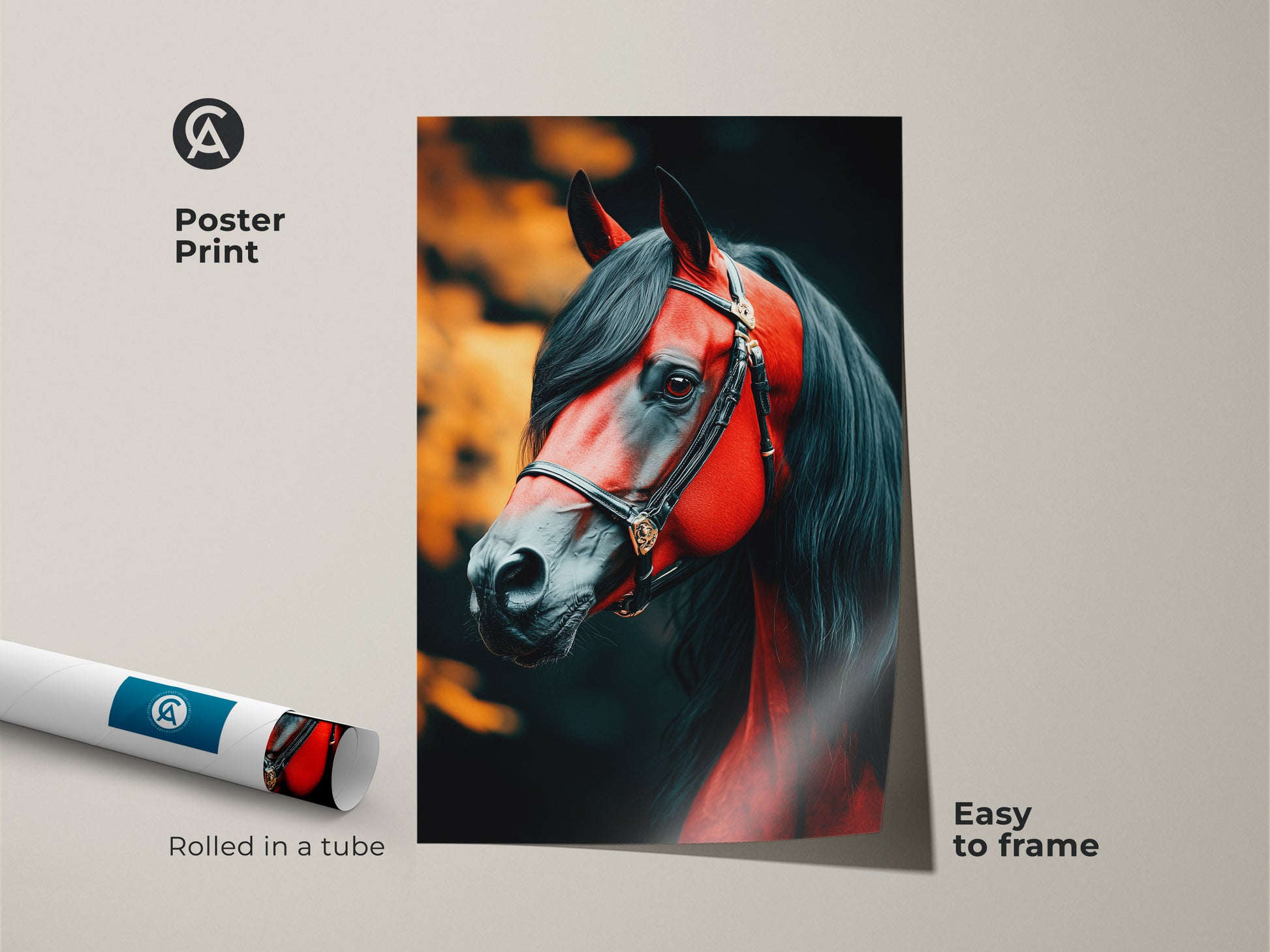 Poster print of a crimson red and black horse head. Rolled in a tube and easy to frame. This animal portrait brings dramatic equestrian flair to any space. A unique horse artwork and gift idea for wildlife art lovers.