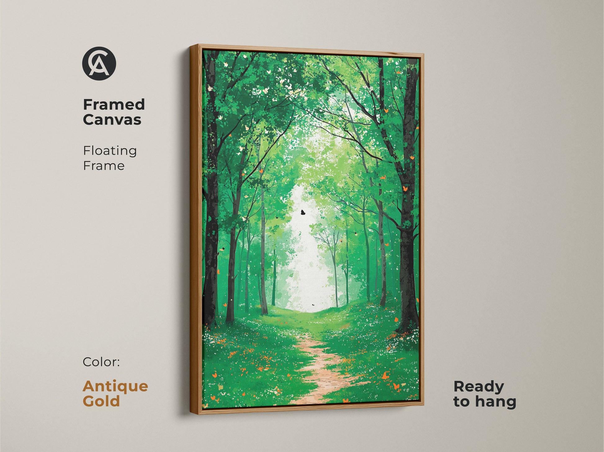 Framed canvas in antique gold featuring the emerald green forest path. This ready to hang boho butterfly woodland wall decor creates a peaceful nature landscape that enhances a bedroom.