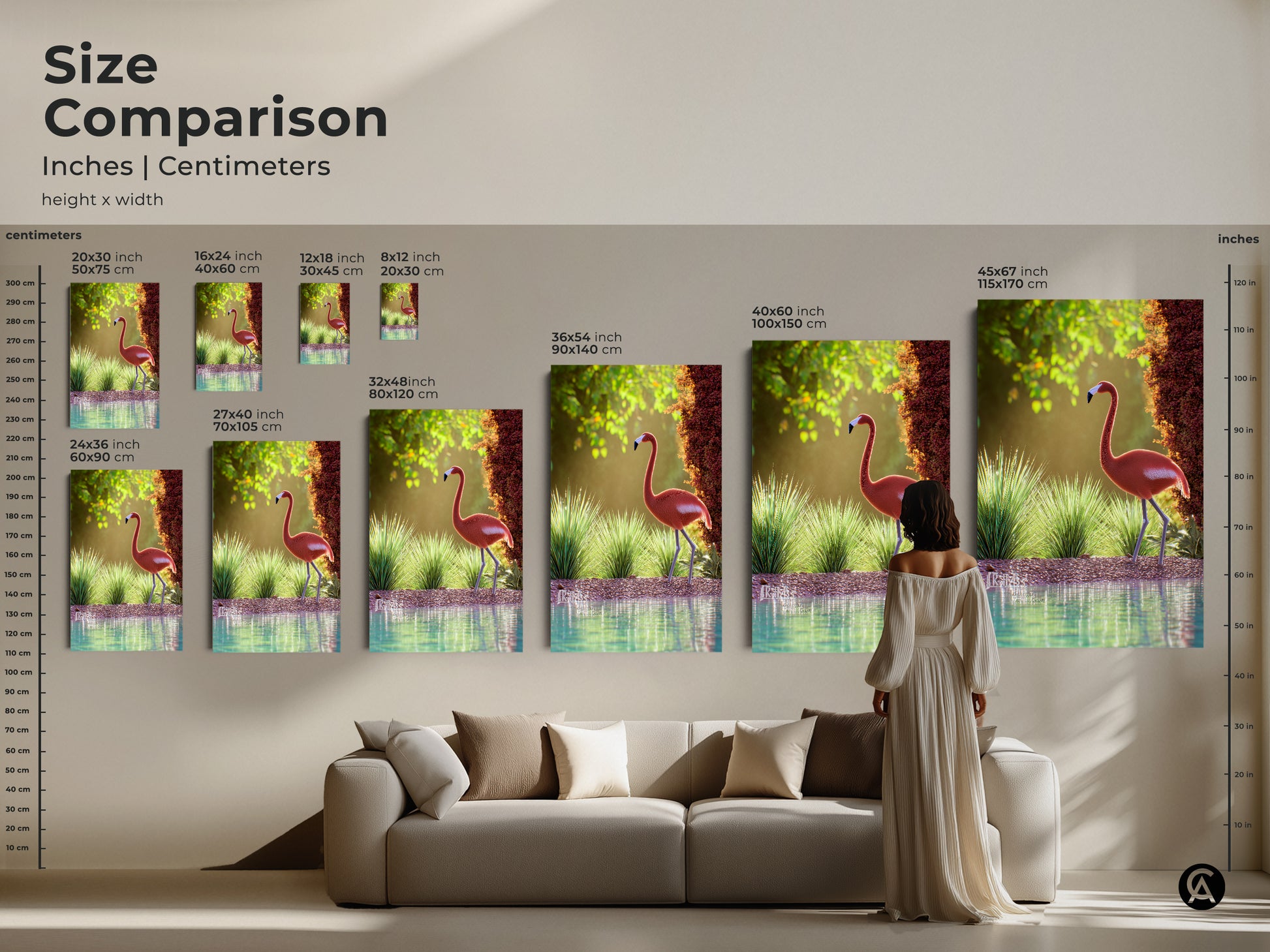 Size comparison of coastal flamingo wall art in inches and centimeters. See how different sizes fit above a sofa. This wildlife artwork features a pink bird in a serene natural setting. The nature photography print adds coastal charm to any room. Find the perfect size for your space.