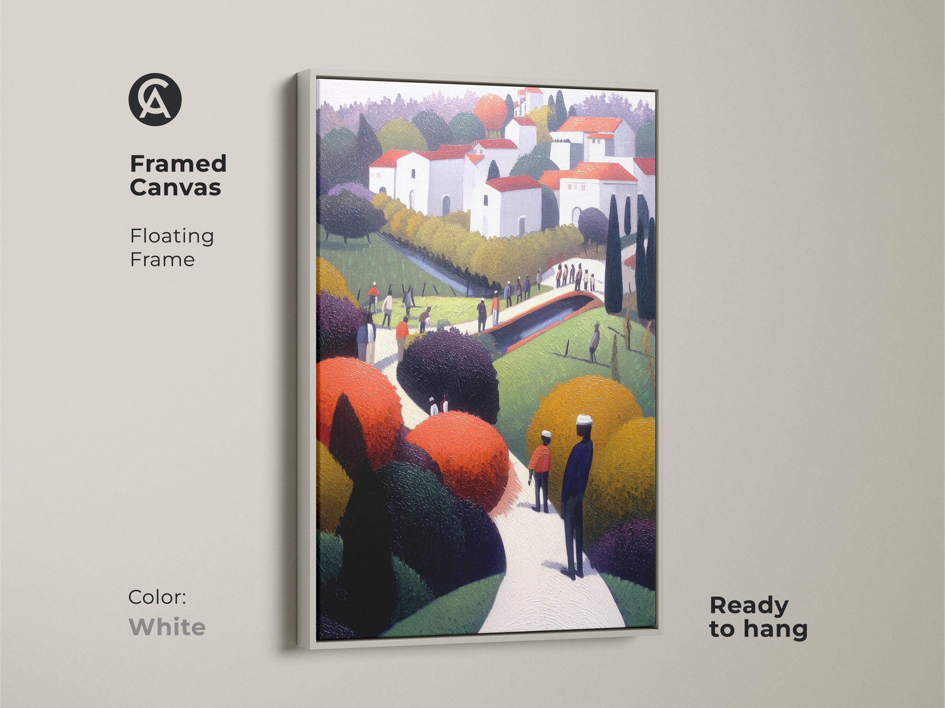 Framed canvas art featuring a folk art village scene. The naive landscape print has a white floating frame. Ready to hang and complements eclectic and modern interiors.