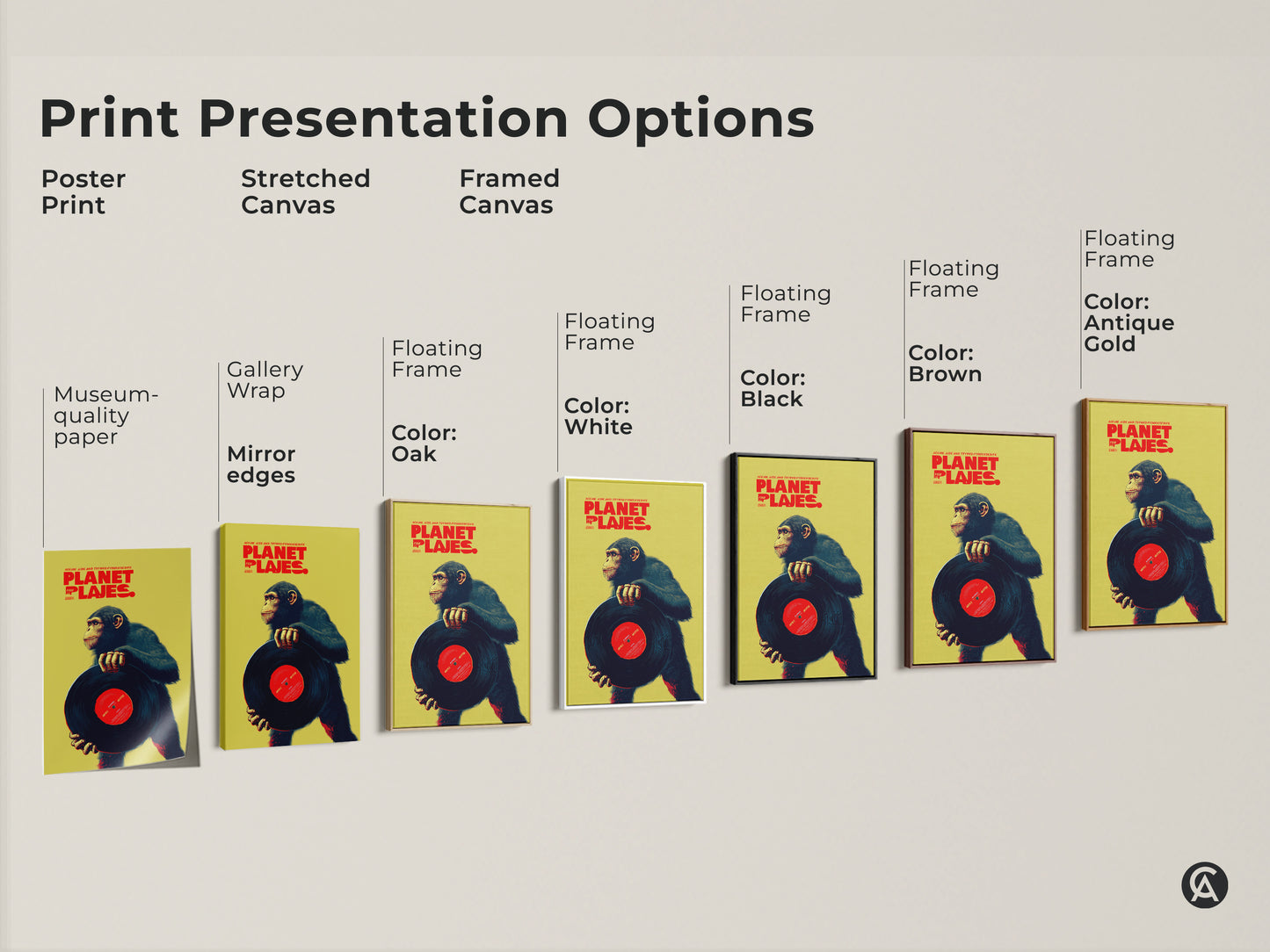 Explore various print options for the graphic chimpanzee with vinyl record artwork. Choose from poster stretched canvas or framed canvas. Each option enhances this retro music poster. Find the perfect style to complement your eclectic home decor.
