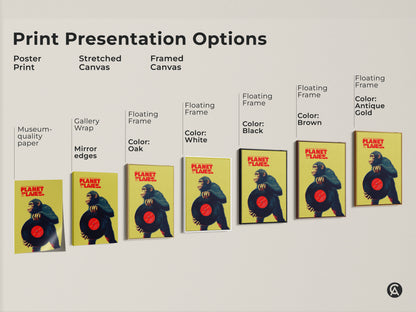 Explore various print options for the graphic chimpanzee with vinyl record artwork. Choose from poster stretched canvas or framed canvas. Each option enhances this retro music poster. Find the perfect style to complement your eclectic home decor.