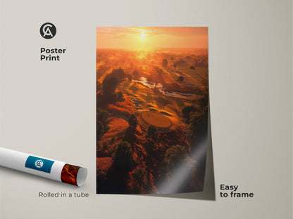 Poster print of a golf course at sunrise. The artwork features an aerial view of the green. This museum-quality paper print is easy to frame. It ships rolled in a tube for protection.
