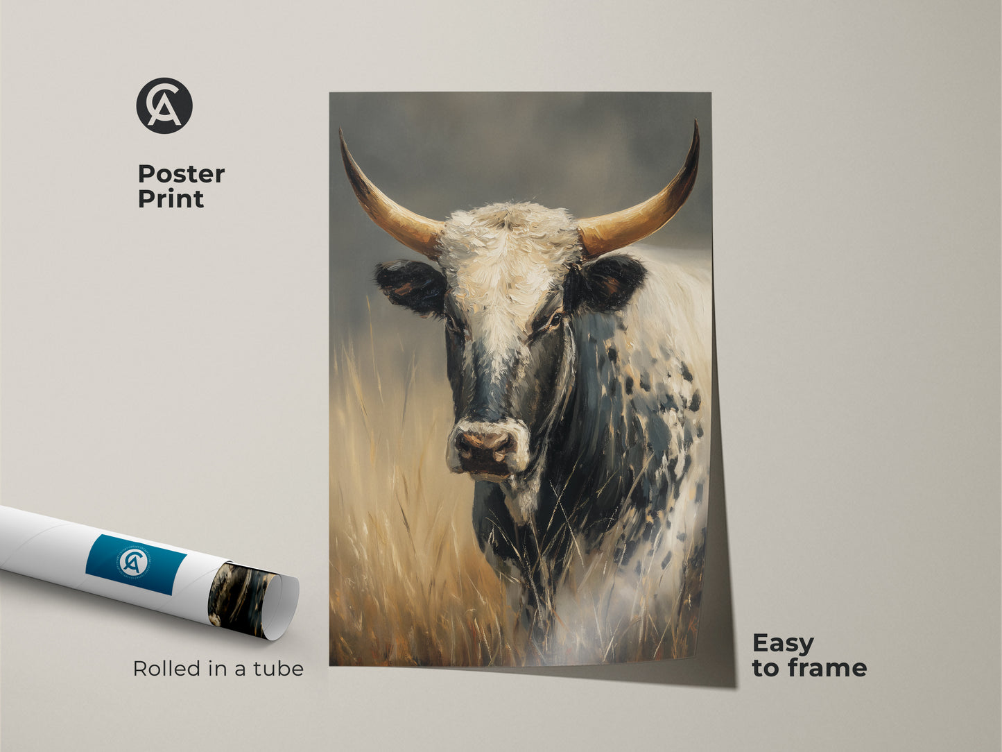 The Longhorn Cow artwork as a poster print. Rolled in a tube for easy framing. Ideal western home decor gift for animal lovers. This black and white cow art adds rustic charm to any space. A perfect housewarming present idea.