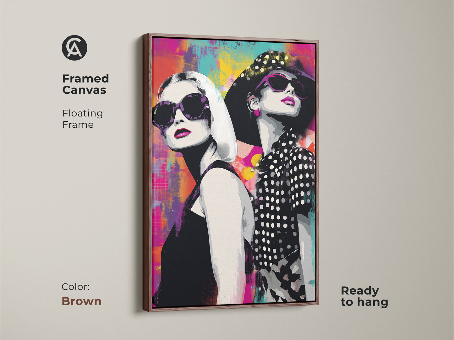 Framed canvas with a brown floating frame displaying pop art artwork of women in sunglasses. The vibrant abstract background combines magenta teal and yellow. This ready-to-hang art piece brings a modern flair to any home. The stylish female portrait is perfect for a chic home office. A colorful abstract wall decor.