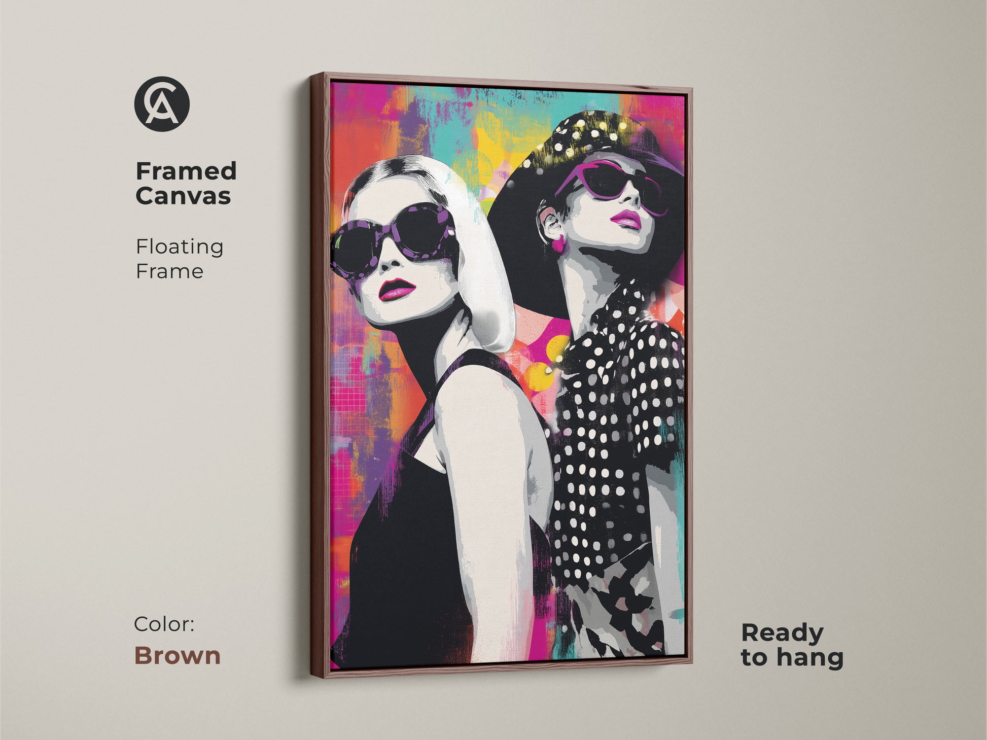 Framed canvas with a brown floating frame displaying pop art artwork of women in sunglasses. The vibrant abstract background combines magenta teal and yellow. This ready-to-hang art piece brings a modern flair to any home. The stylish female portrait is perfect for a chic home office. A colorful abstract wall decor.