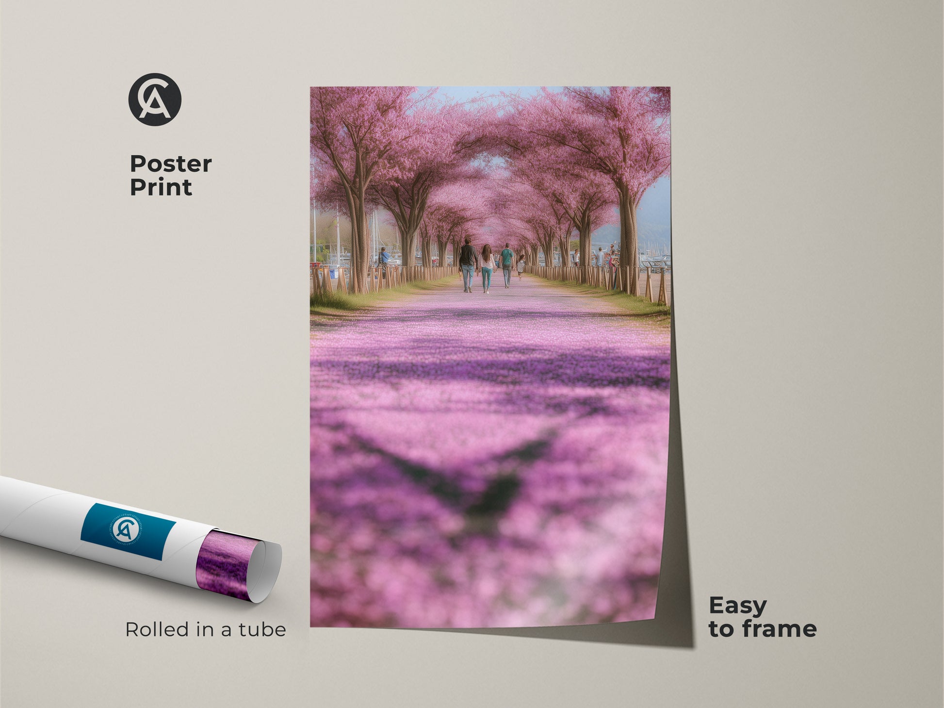 Poster print of a cherry blossom lined path art. This impressionistic nature scene is easy to frame. Rolled in a tube this pink and green artwork makes a beautiful spring decor piece. It's a romantic floral path canvas for nature lovers. Perfect for modern farmhouse style.