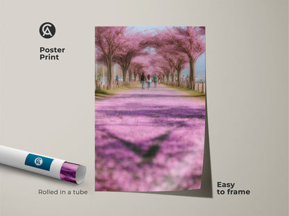 Poster print of a cherry blossom lined path art. This impressionistic nature scene is easy to frame. Rolled in a tube this pink and green artwork makes a beautiful spring decor piece. It's a romantic floral path canvas for nature lovers. Perfect for modern farmhouse style.