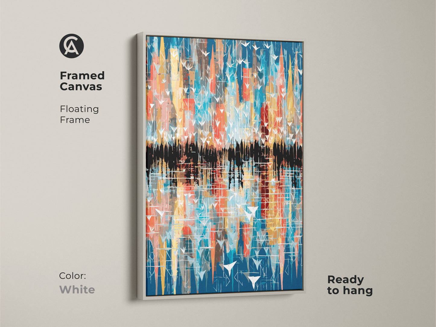 White floating frame enhances the modern abstract artwork. The canvas features a bird cityscape reflection using teal yellow and orange. This framed art is ready to hang bringing a contemporary vibe to your home decor.