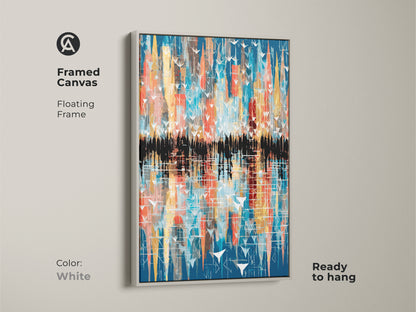 White floating frame enhances the modern abstract artwork. The canvas features a bird cityscape reflection using teal yellow and orange. This framed art is ready to hang bringing a contemporary vibe to your home decor.