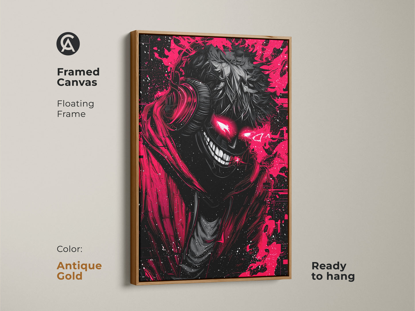 Framed canvas print of a red and black demon artwork. The antique gold frame complements the demon's glowing red eyes. This ready-to-hang framed art is perfect for any room.