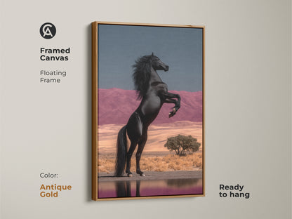 Antique Gold Framed Canvas with a Floating Frame of a Black Horse Rearing. This wildlife wall art decor brings an eclectic touch to any room. The surreal desert landscape with pink mountains and blue sky complements modern styles. Ready to hang this horse lover present is a fine art horse painting. The powerful animal artwork is a unique home decor gift.