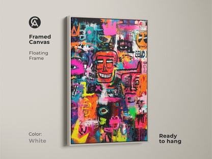 Modern graffiti art in a white floating frame. This colorful artwork features a collection of faces and symbols. The artwork is ready to hang. A unique piece to add to your art collection today.