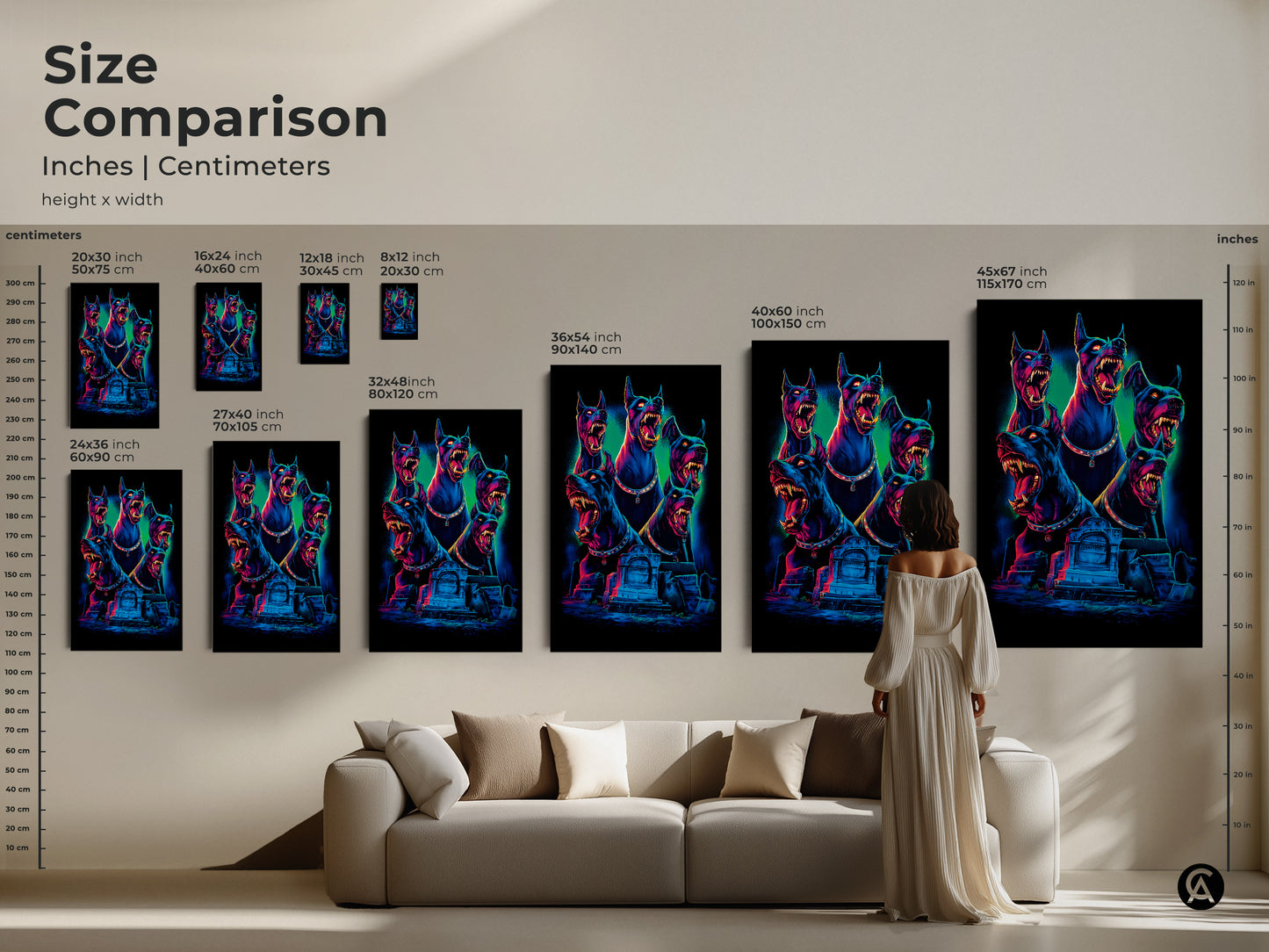 Size comparison of Gothic Cerberus wall art. See how the canvas print sizes look over a couch. This neon blue and electric pink artwork ranges from small to large. Find the perfect fit for your man cave or Halloween decor.