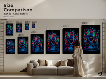 Size comparison of Gothic Cerberus wall art. See how the canvas print sizes look over a couch. This neon blue and electric pink artwork ranges from small to large. Find the perfect fit for your man cave or Halloween decor.