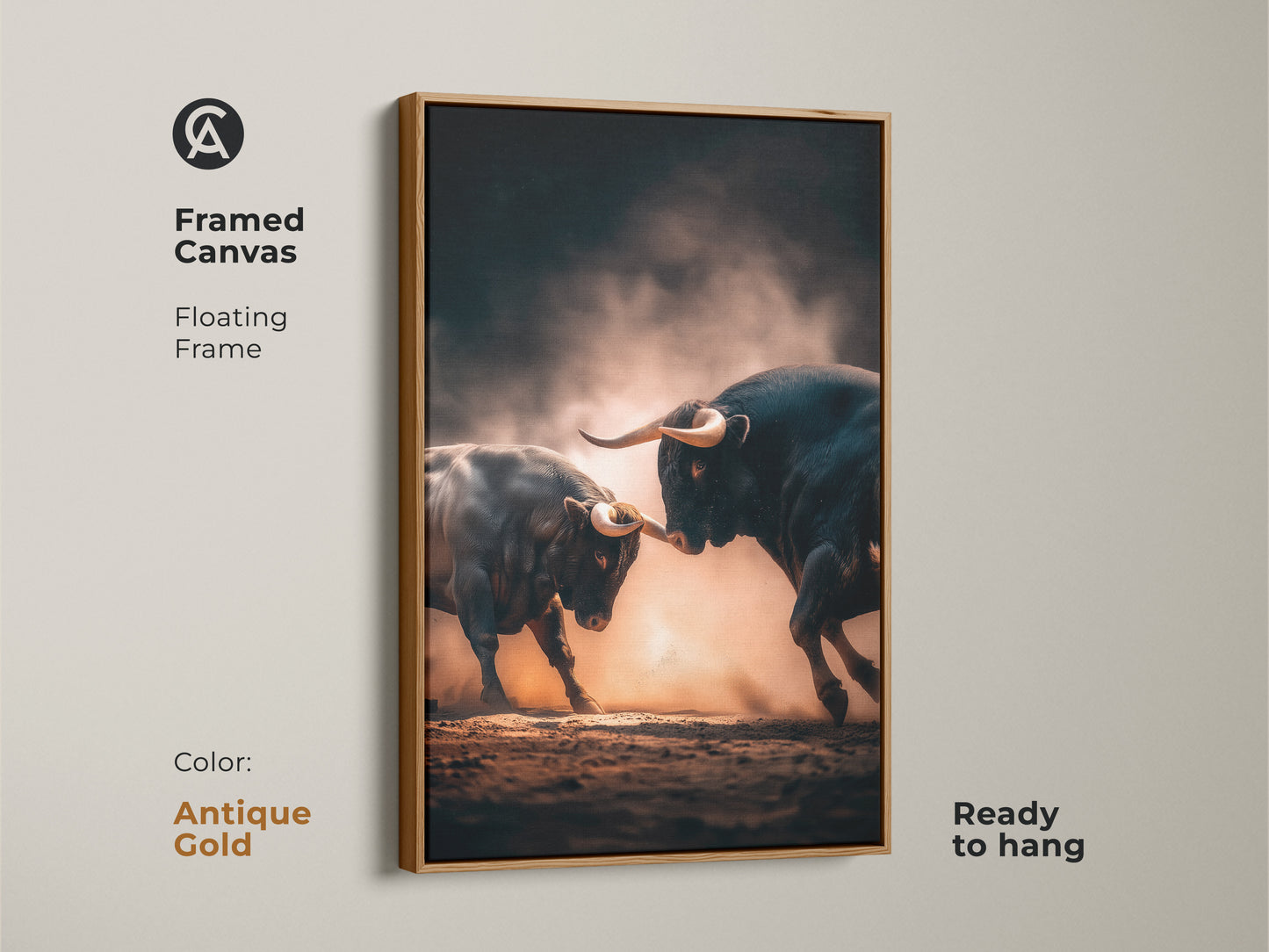 Framed canvas of two bulls fighting with an antique gold floating frame. This animal artwork is ready to hang. It's a great addition to any room. The bull fighting artwork captures the intensity of the moment. Shop now.
