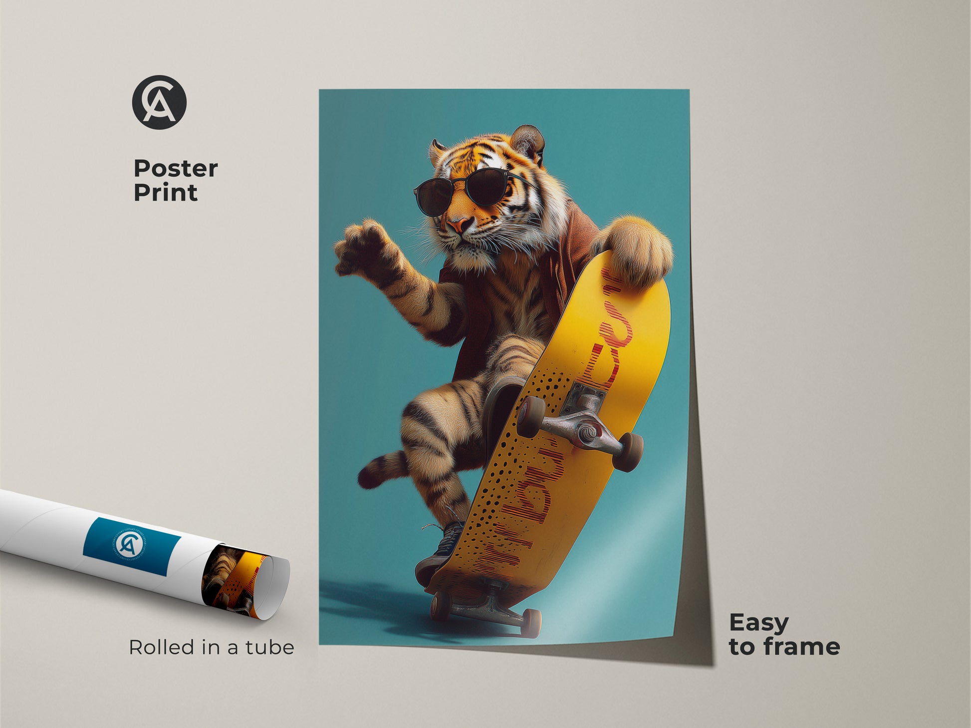 This poster print features a cool tiger on a yellow skateboard. It is easy to frame and adds an eclectic touch. The urban surrealism wall art is perfect for a teen room. Rolled in a tube for safe shipping.