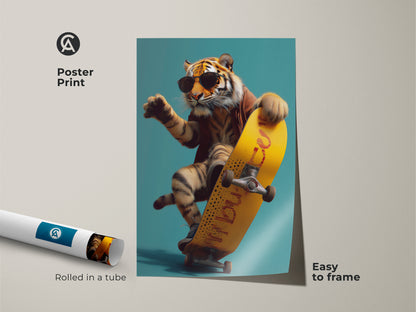This poster print features a cool tiger on a yellow skateboard. It is easy to frame and adds an eclectic touch. The urban surrealism wall art is perfect for a teen room. Rolled in a tube for safe shipping.