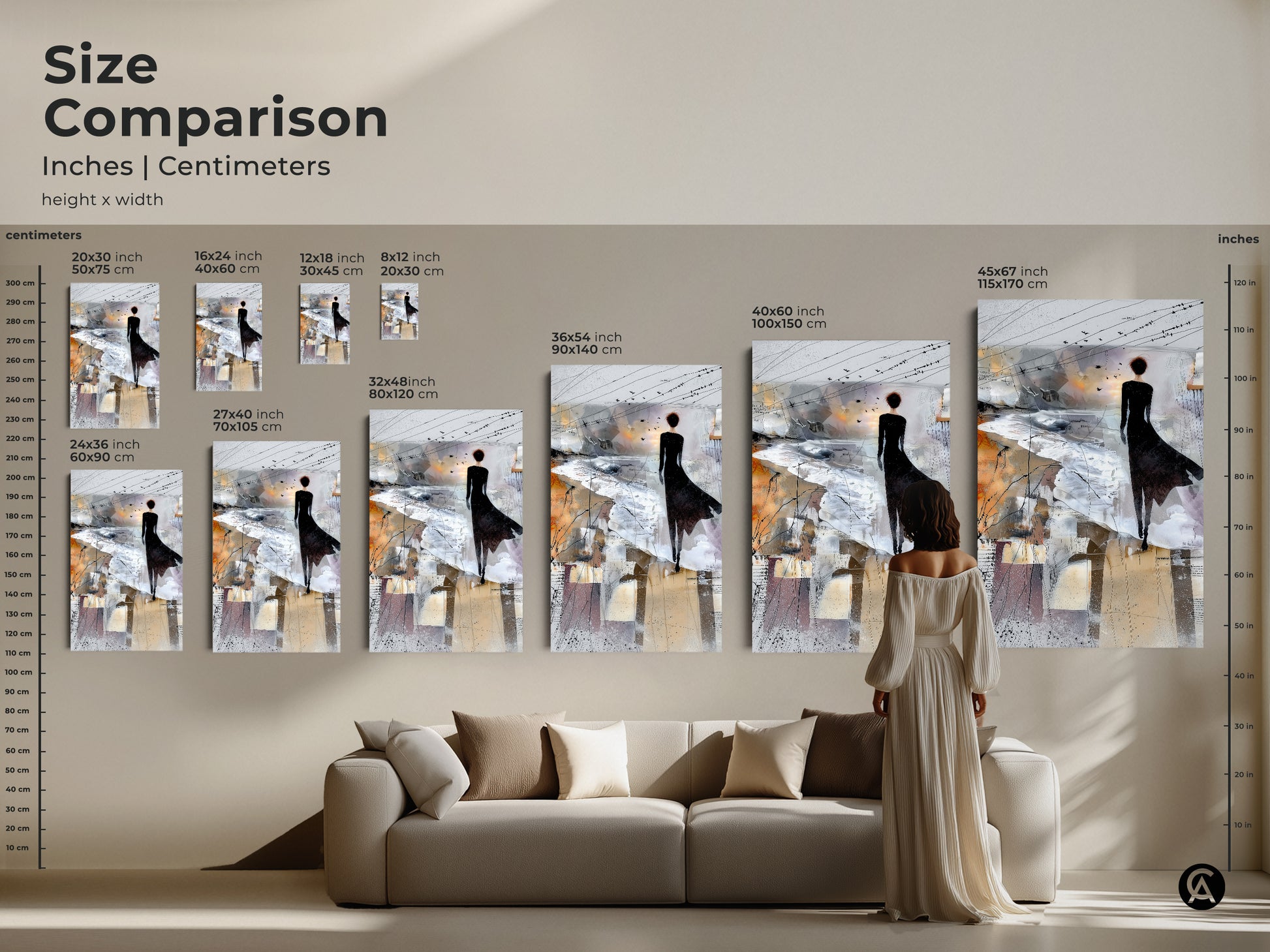 Size comparison of abstract art prints in inches and centimeters. The artwork shows a woman looking at an abstract landscape of birds. Printed on canvas makes great wall decor.