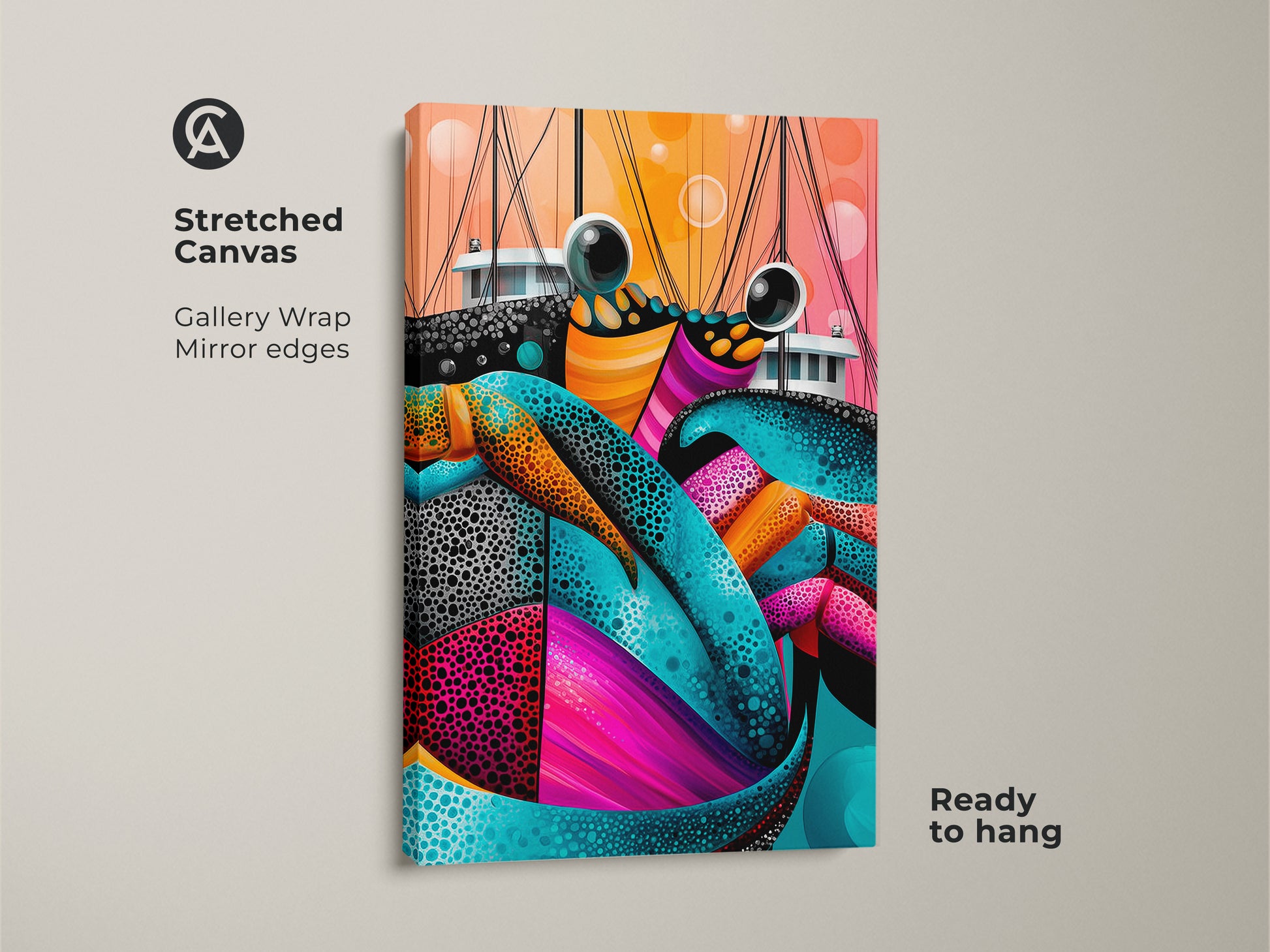 Stretched canvas print of a colorful abstract crab. This artwork has gallery wrapped edges. The marine life print showcases teal pink and orange tones. This vibrant piece will add a nautical flair to any room. It's ready to hang. This is ideal for eclectic interiors.