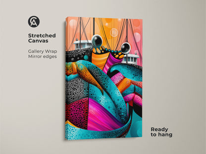 Stretched canvas print of a colorful abstract crab. This artwork has gallery wrapped edges. The marine life print showcases teal pink and orange tones. This vibrant piece will add a nautical flair to any room. It's ready to hang. This is ideal for eclectic interiors.