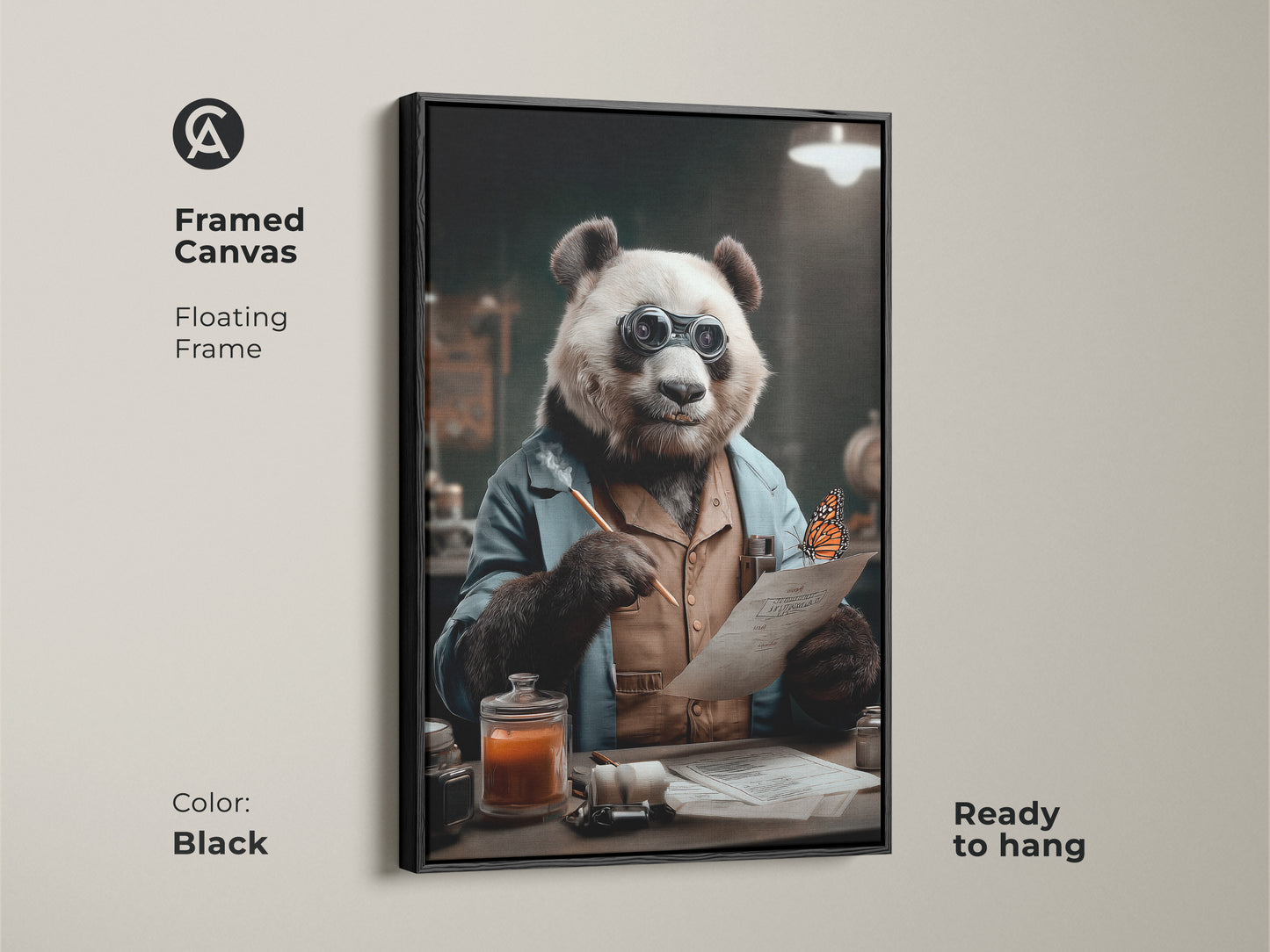 Framed canvas print in a floating black frame. The artwork shows a panda dressed as a scientist with spectacles. This panda scientist wall art is ready to hang. It makes for eclectic animal wall decor or a unique gift for animal lovers.