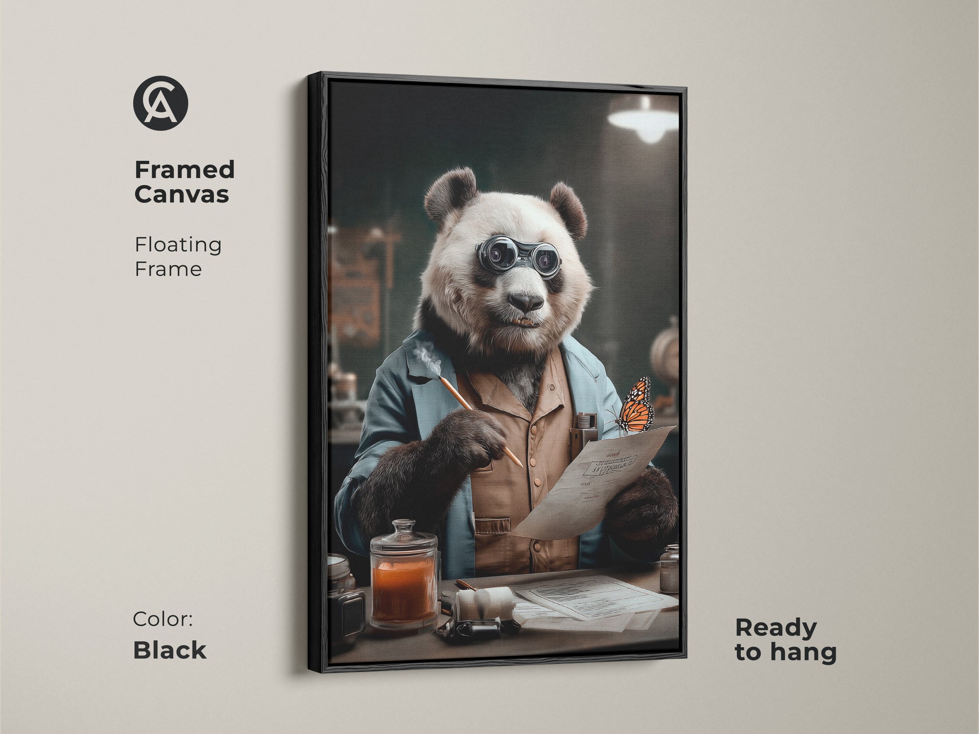 Framed canvas print in a floating black frame. The artwork shows a panda dressed as a scientist with spectacles. This panda scientist wall art is ready to hang. It makes for eclectic animal wall decor or a unique gift for animal lovers.