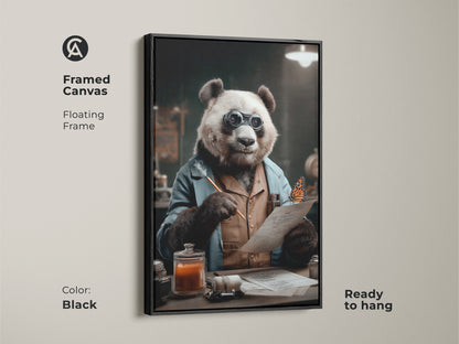 Framed canvas print in a floating black frame. The artwork shows a panda dressed as a scientist with spectacles. This panda scientist wall art is ready to hang. It makes for eclectic animal wall decor or a unique gift for animal lovers.