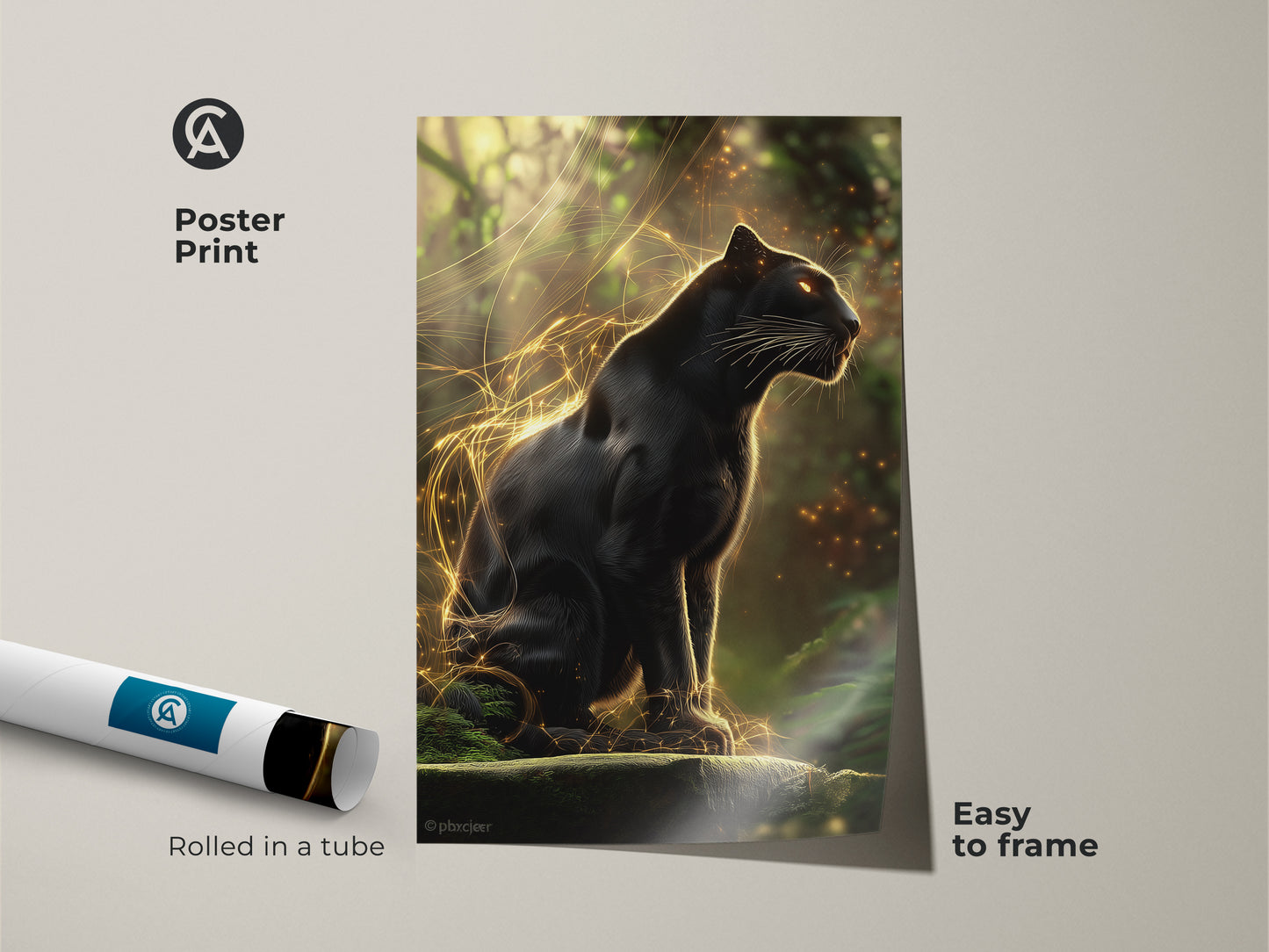 Poster print of the Black Panther art. It features a gold jungle cat. This wildlife wall decor is easy to frame. Perfect for animal art enthusiasts. It brings a touch of fantasy to any home office or eclectic bedroom.