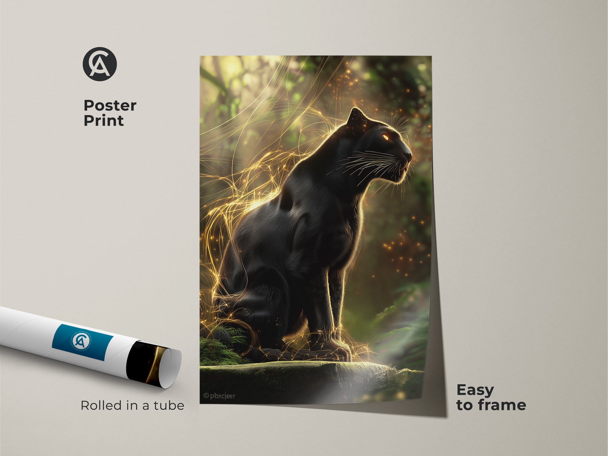 Poster print of the Black Panther art. It features a gold jungle cat. This wildlife wall decor is easy to frame. Perfect for animal art enthusiasts. It brings a touch of fantasy to any home office or eclectic bedroom.