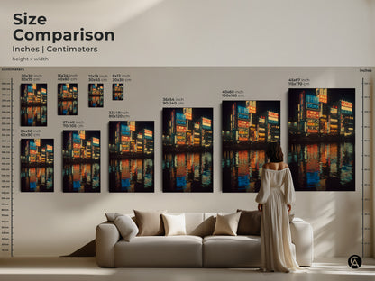 Size comparison of Japanese neon cityscape art in inches and centimeters. See how the canvas or poster fits above a sofa. Visualize the impact of different sizes. This urban nightlife decor enhances any living space.