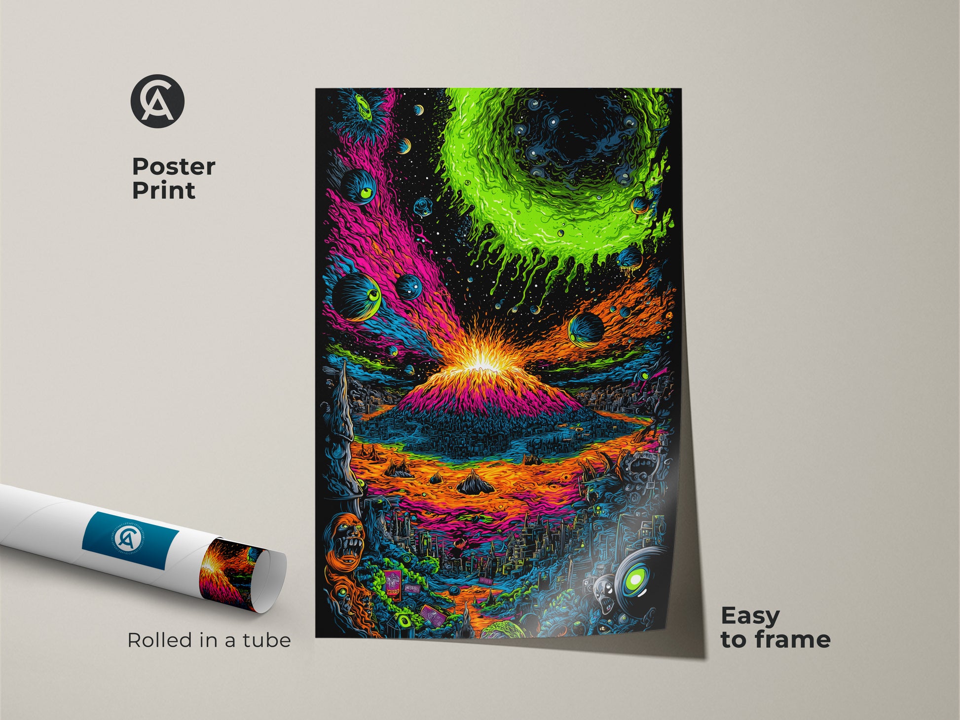 Poster print of a vibrant volcano art piece. This easy-to-frame poster arrives rolled in a tube. The artwork features a volcano erupting into a cosmos filled with planets. Perfect for adding a burst of color to your walls.