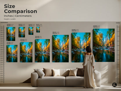 Size comparison of landscape artwork featuring a forest river scene. Visualize how canvas and poster prints look in different dimensions. From small accents to large statement pieces find the right size for your home.
