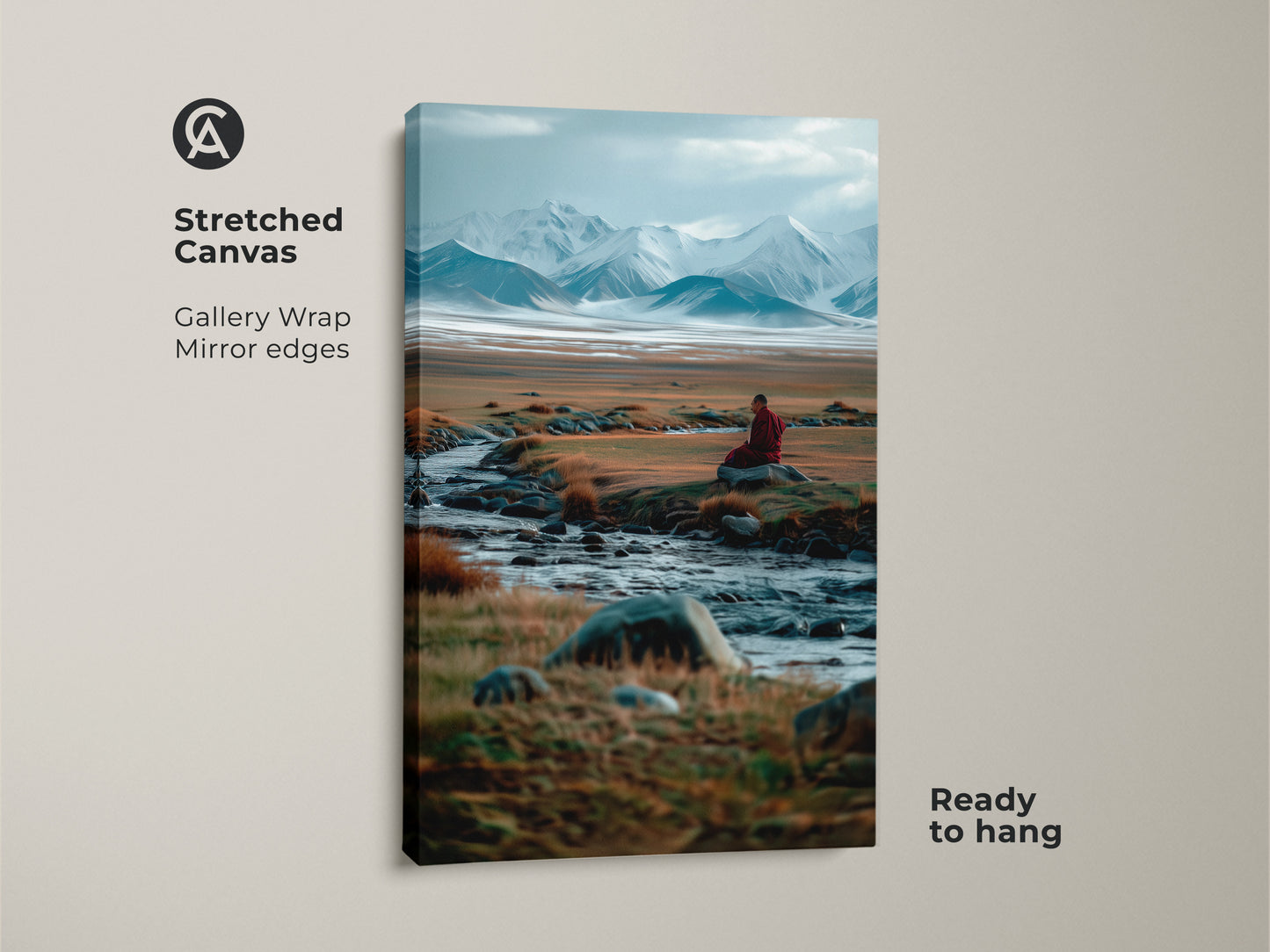 Stretched canvas art showcasing a tranquil mountain scene. A monk meditates by a river adding a spiritual touch. The gallery wrap has mirror edges ready to hang. Elevate your space with this inspiring artwork.