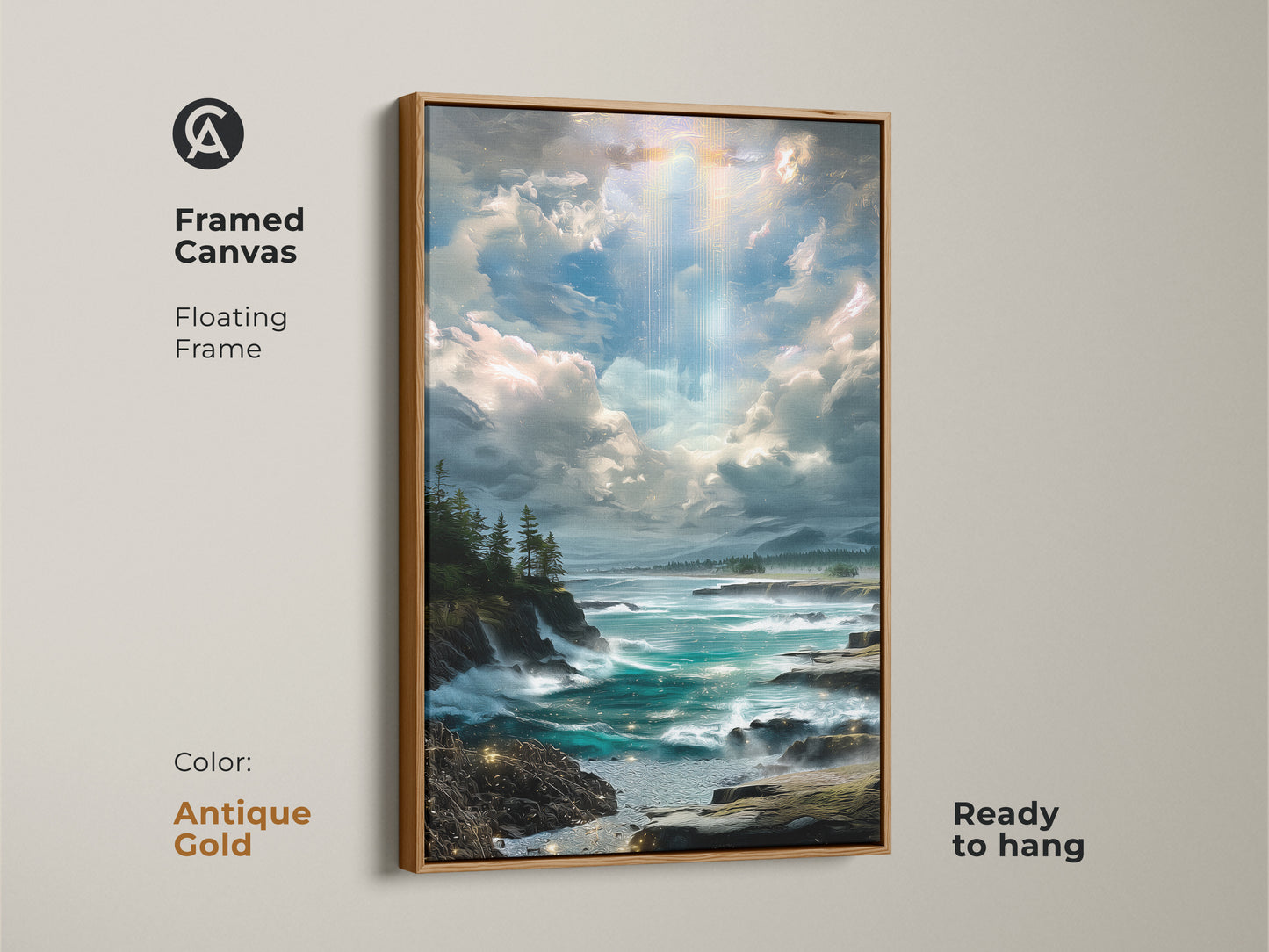 Framed canvas displaying a captivating rocky coastline artwork. This piece features teal ocean waters and an impressionistic cloudy sky. It enhances decor and brings coastal charm.